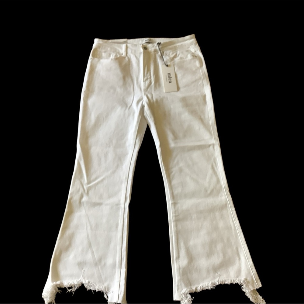 White Flare Wide Leg Jeans with Distressed Hem